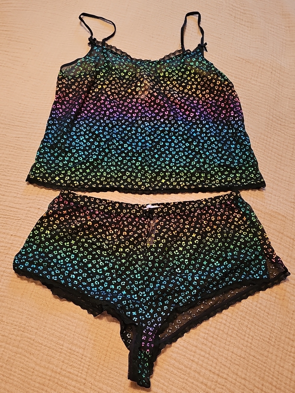 Savage X Fenty Rainbow Leopard Lace-Trim Cami & Shorts Set - Black Multicolor